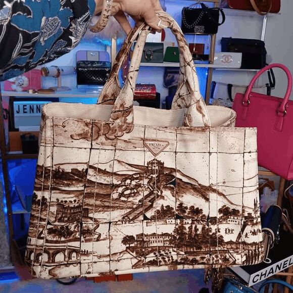 Prada Canvas Canapa Azulejos Tote Handbag White Beige - Picture 1 of 1